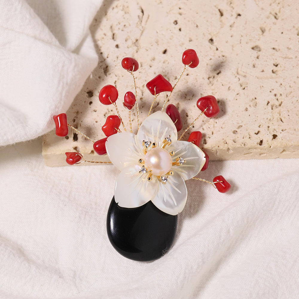 Natural Pearl Black Agate Shell Flower Coral Brooch Korean Women's Luxury Jewelry Fashion Women's and Girls' Gifts