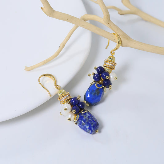 Natural Freshwater Pearl Lapis Lazuli Flower Earrings Korean Style Women Luxury Jewelry Fashion Ladies and Girls Gift