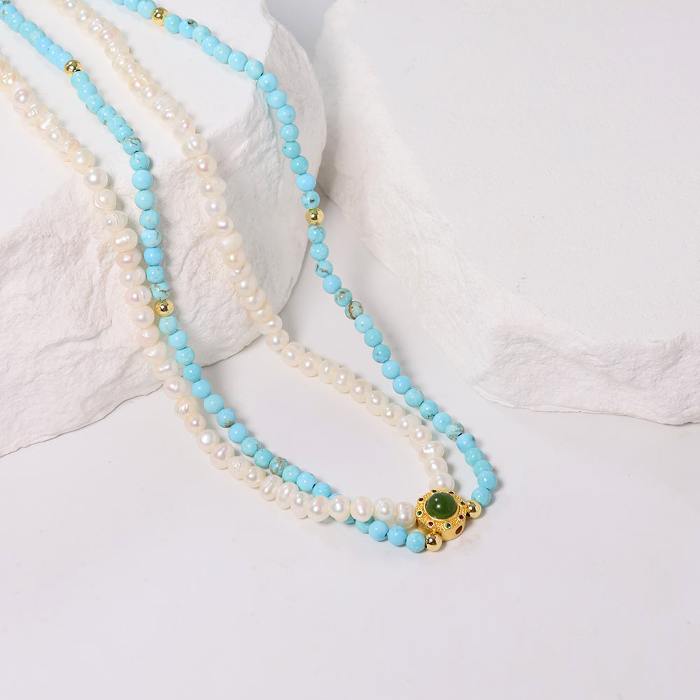 Natural Freshwater Pearl Turquoise Double-layer Necklace Korean Women's Luxury Jewelry Fashion Women's and Girls' Gifts