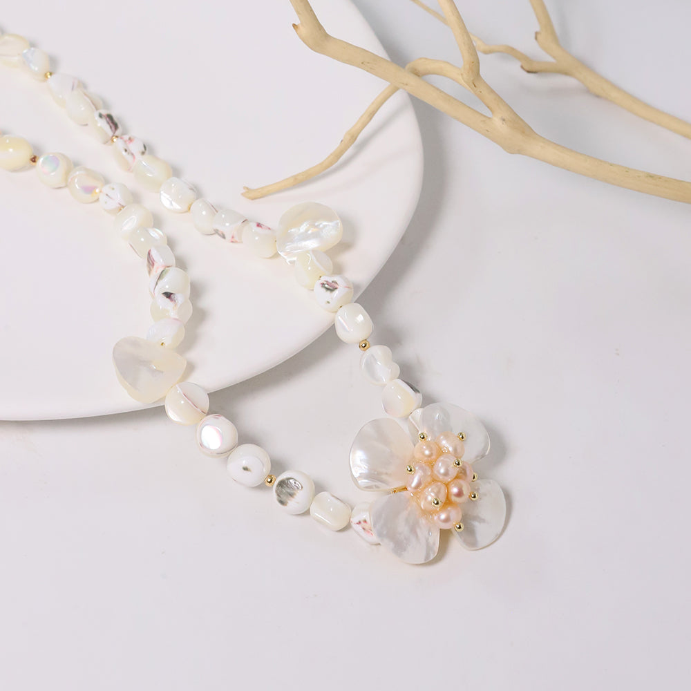 Natural Freshwater Pearl Shell Bead Flower Necklace Korean Women's Luxury Jewelry Fashion Women's and Girls' Gifts