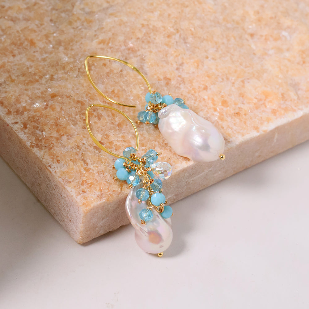 Natural Freshwater Baroque Pearl Blue Flower Earrings Korean Style Women Luxury Jewelry Fashion Ladies and Girls Gift