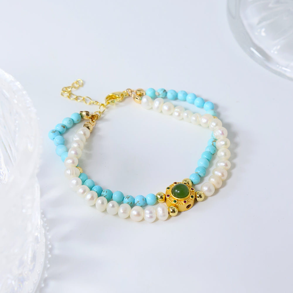 Natural Freshwater Pearl Turquoise Double-layer Bracelet Korean Women's Luxury Jewelry Fashion Women's and Girls' Gifts