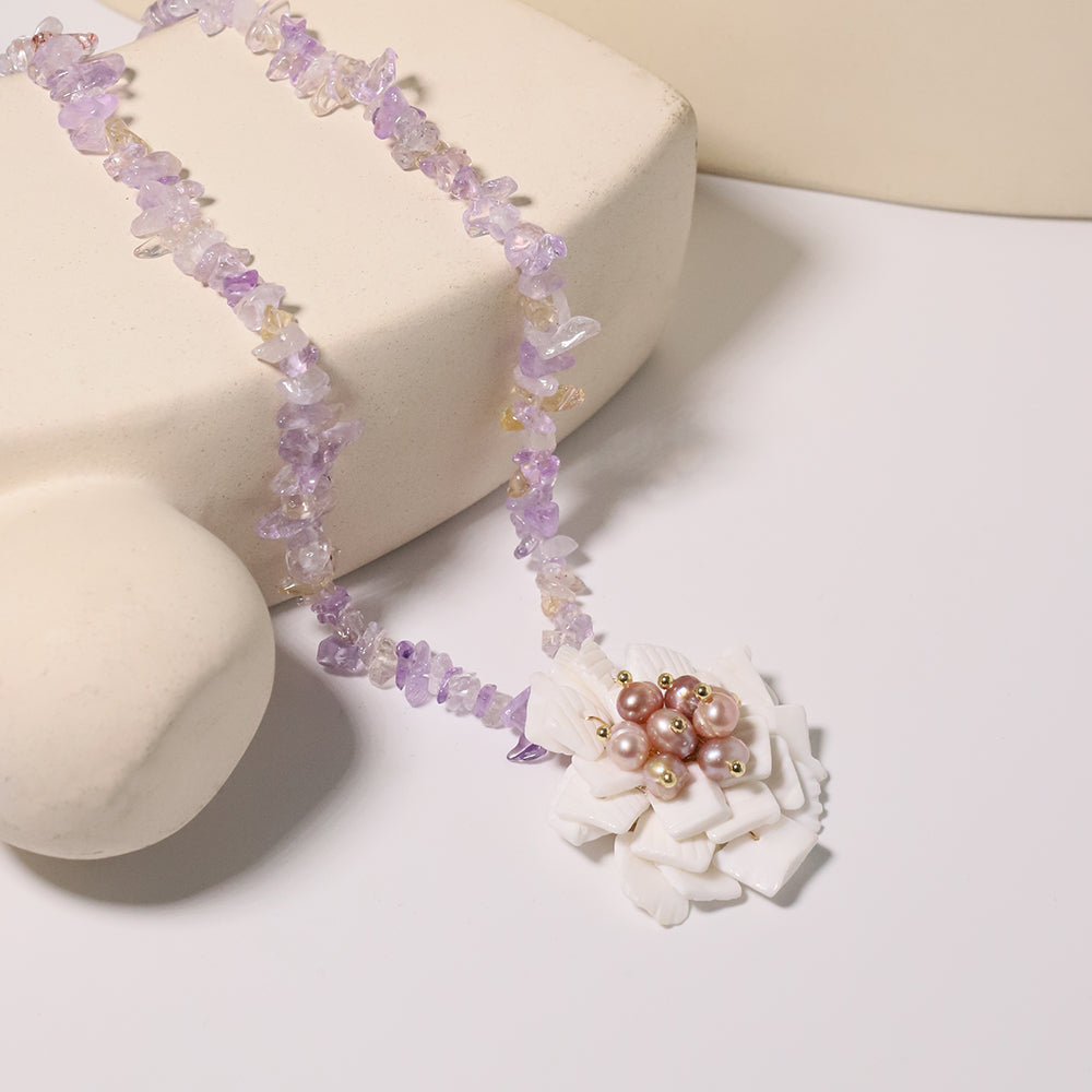 Natural Amethyst Flower Pearl Necklace Korean Style Women Luxury Jewelry Fashion Ladies and Girls Gift