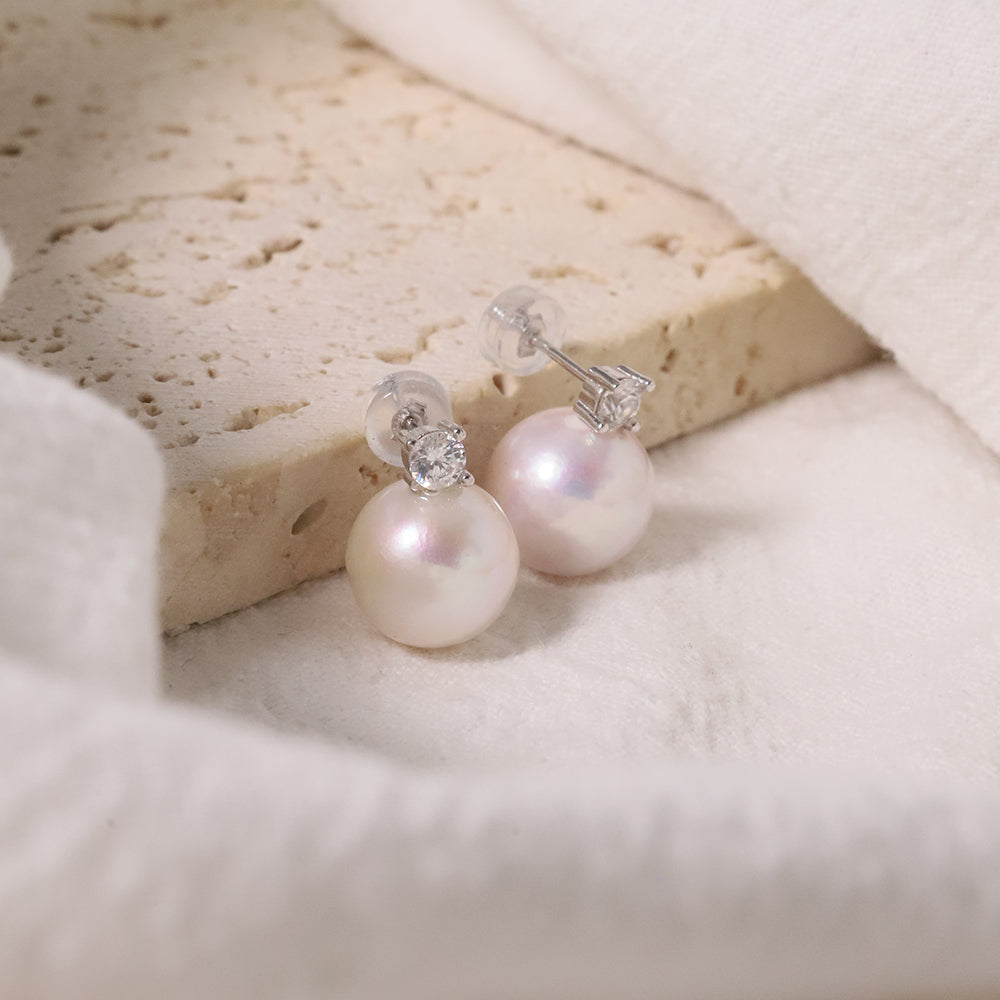 Natural Pearl 8-9mm Round S925 Silver Princess Earrings For Women Korean Classic Vintage Fashion Jewelry Earrings