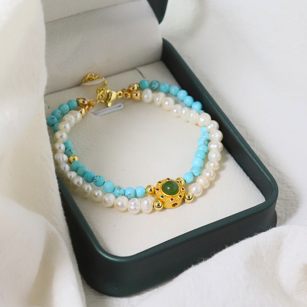 Natural Freshwater Pearl Turquoise Double-layer Bracelet Korean Women's Luxury Jewelry Fashion Women's and Girls' Gifts