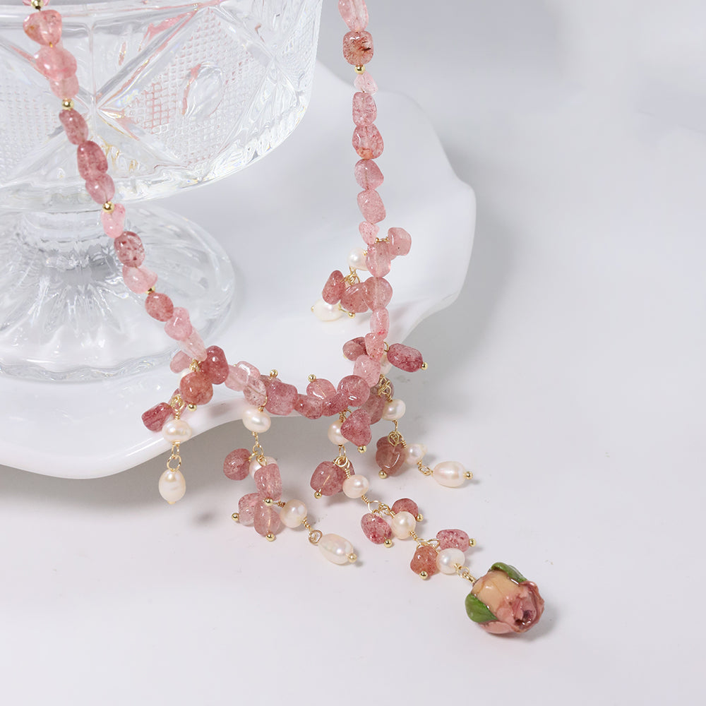 Natural Drip Glue Flower Berry Crystal Pearl Necklace Korean Women's Luxury Jewelry Fashion Women's and Girls' Gifts