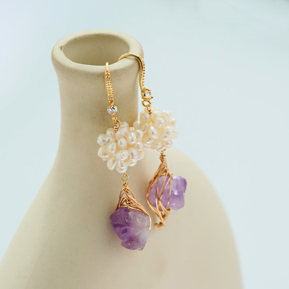 Natural Freshwater Pearl Flower Ball Amethyst Earrings Korean Style Women Luxury Jewelry Fashion Ladies and Girls Gift