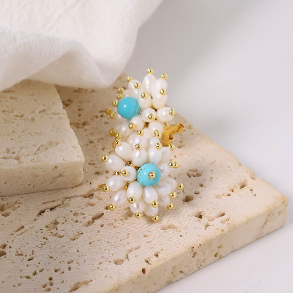 Natural Pearl Turquoise Flower Earrings Korean Style Women Luxury Jewelry Fashion Ladies and Girls Gift