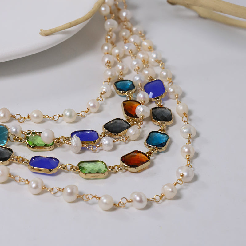 Natural Freshwater Pearl Colored Glass Five Layer Necklace Korean Women's Luxury Jewelry Fashion Women's and Girls' Gifts