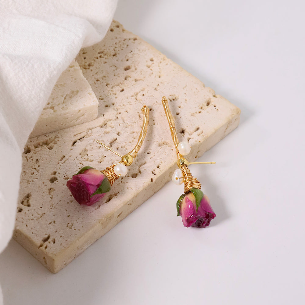 Natural Pearls Pink Bead Dropping Glue Flower Earrings Korean Style Women Luxury Jewelry Fashion Ladies and Girls Gift