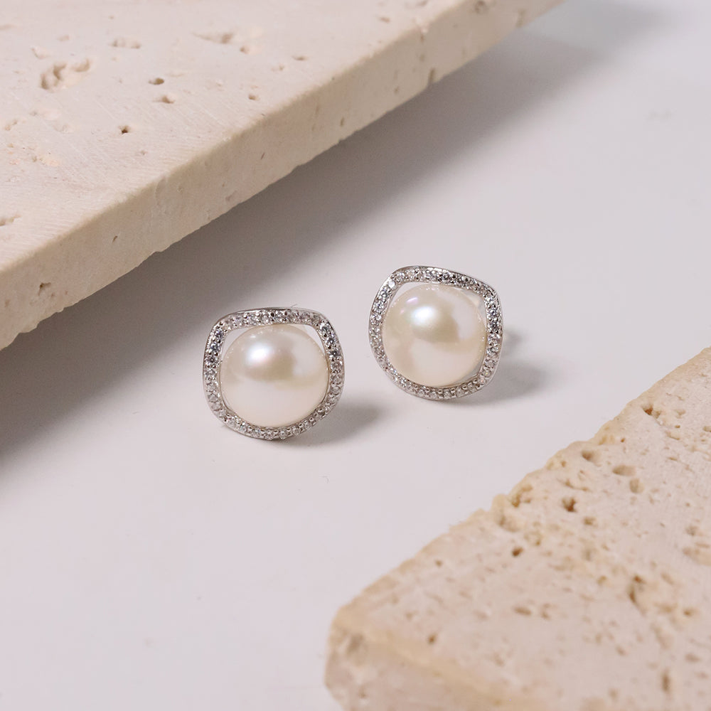 Natural Pearl Round 925 Silver Inlaid Zircon Flower Edging Earrings For Women Korean Classic Vintage Fashion Jewelry Earrings