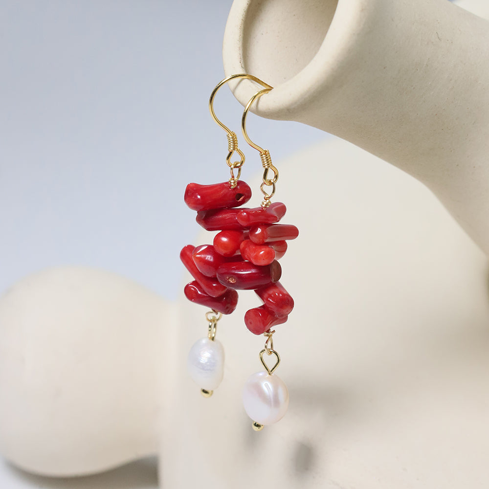 Natural Freshwater Pearl Long Red Coral Earring Korean Style Women Luxury Jewelry Fashion Ladies and Girls Gift