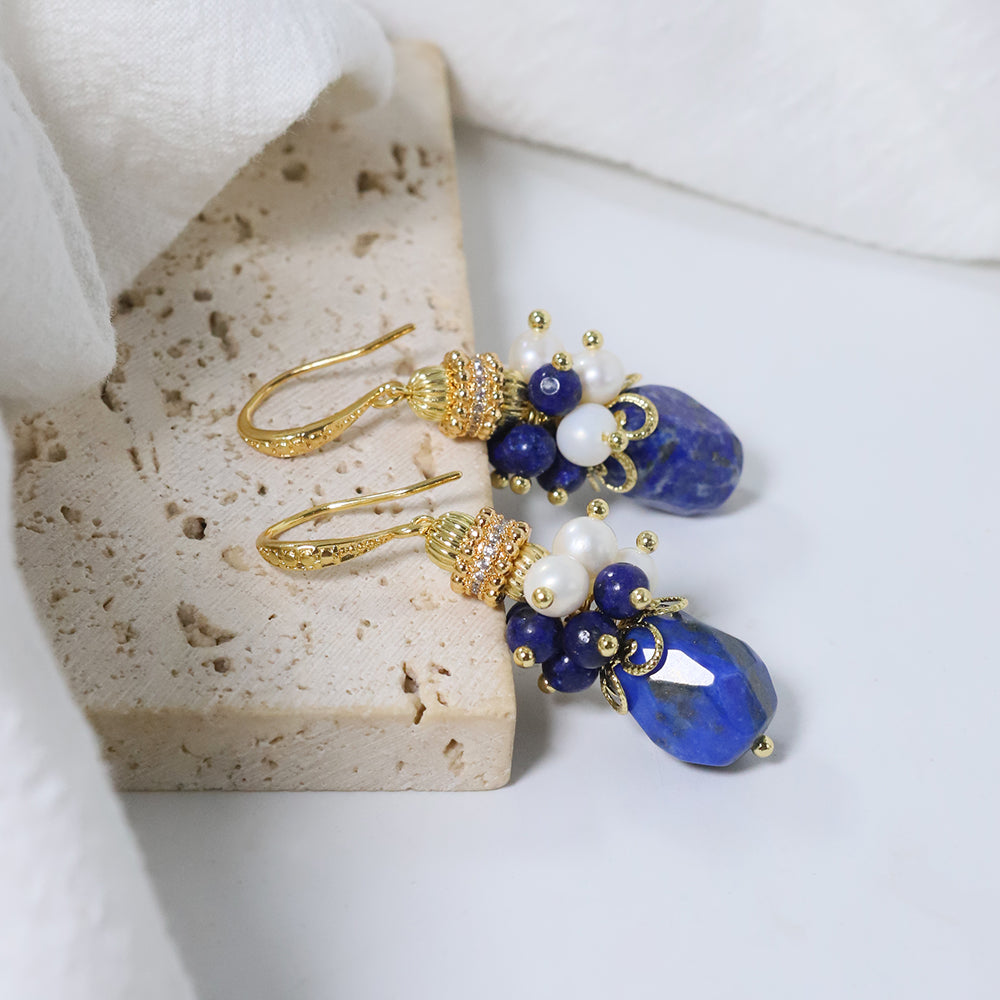 Natural Freshwater Pearl Lapis Lazuli Flower Earrings Korean Style Women Luxury Jewelry Fashion Ladies and Girls Gift