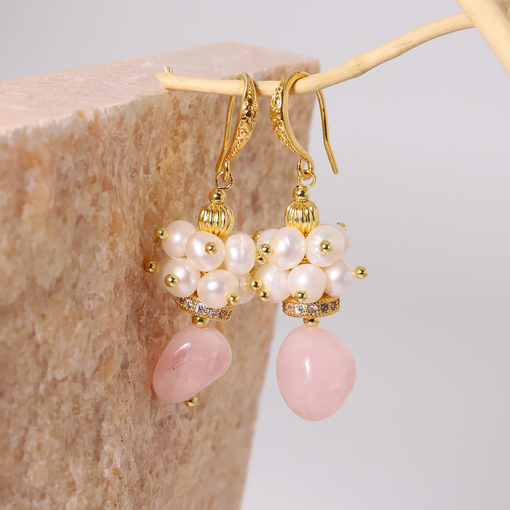 Natural Freshwater Pearl Powder Crystal Earrings for Woman Korean Fashion Style Vintage Personality Lady Jewelry