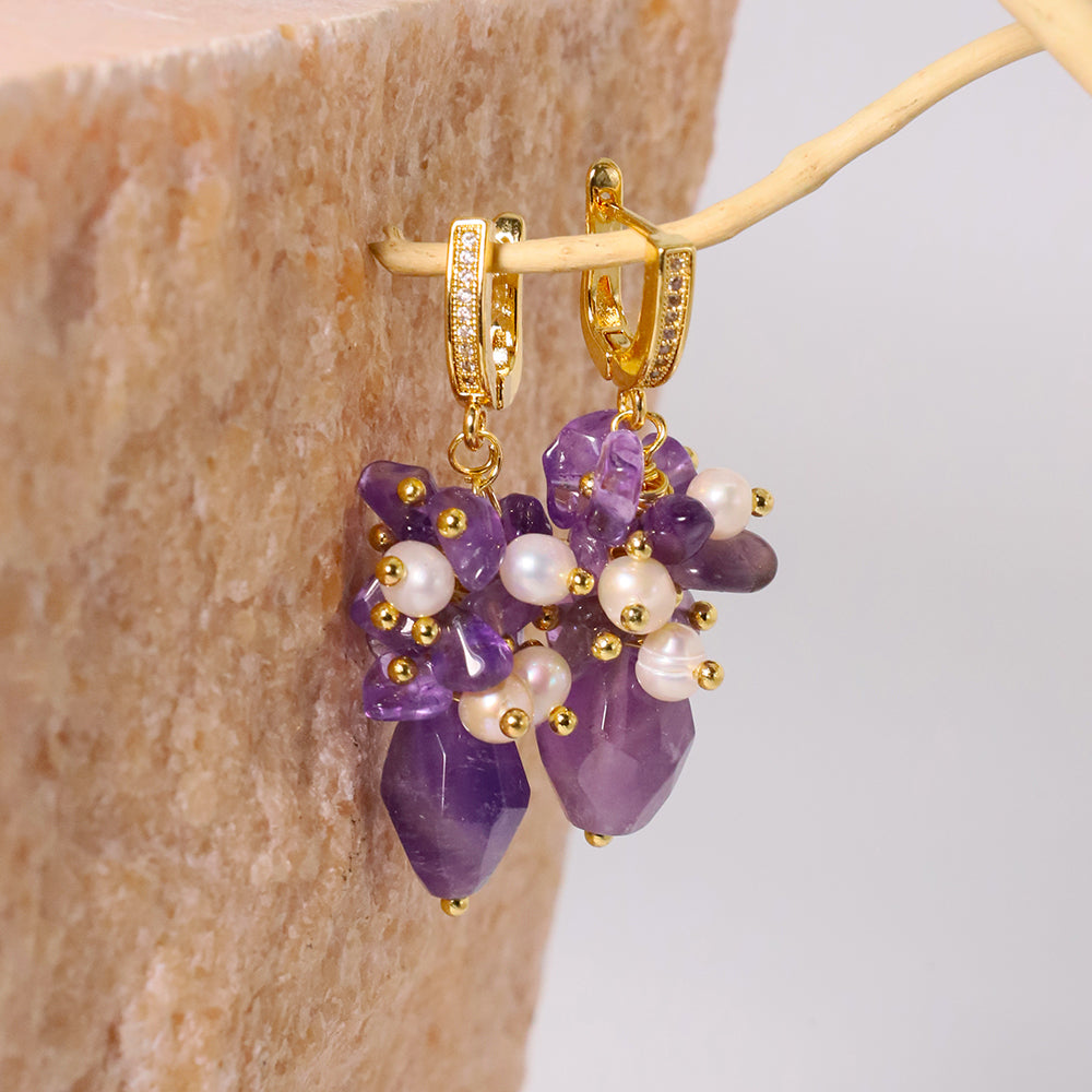 Natural Freshwater Pearl Amethyst Purple Earrings Earring for Woman Korean Fashion Style Vintage Personality Lady Jewelry