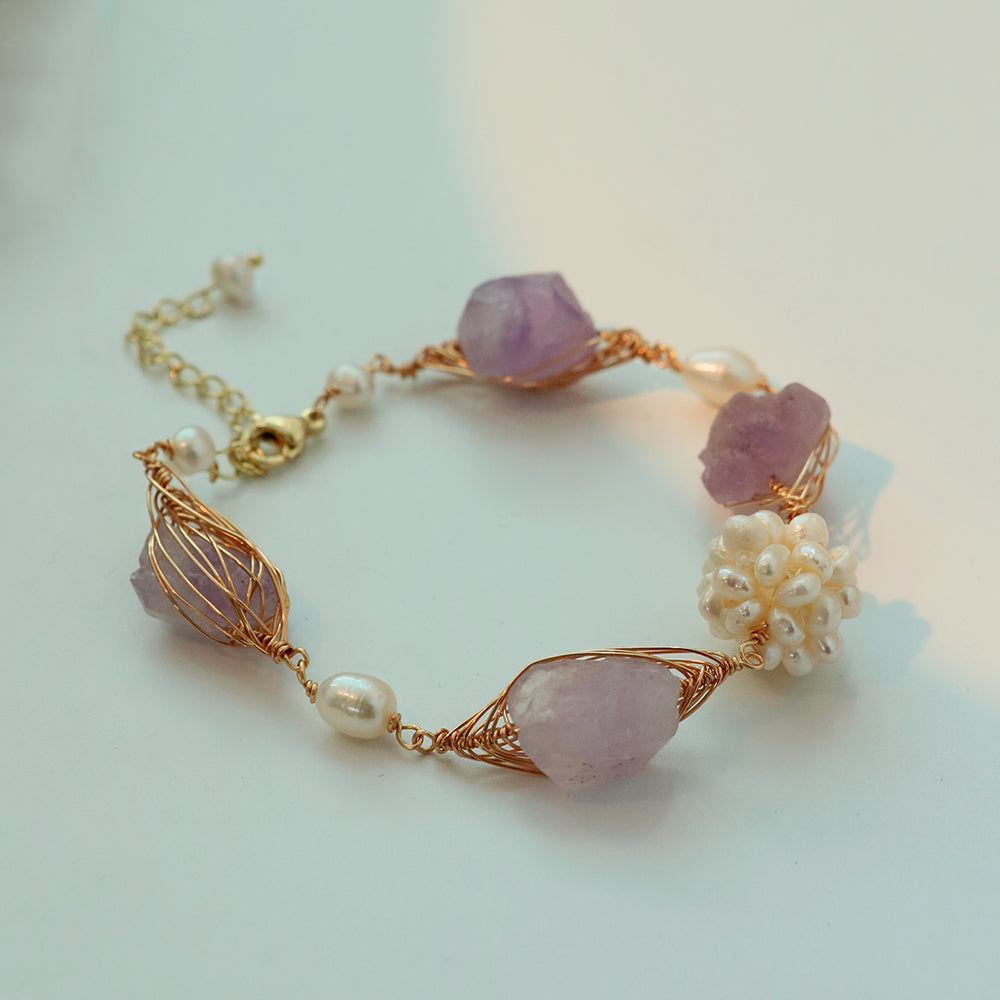 Natural Freshwater Pearl Flower Ball Amethyst Bracelet Korean Style Women Luxury Jewelry Fashion Ladies and Girls Gift