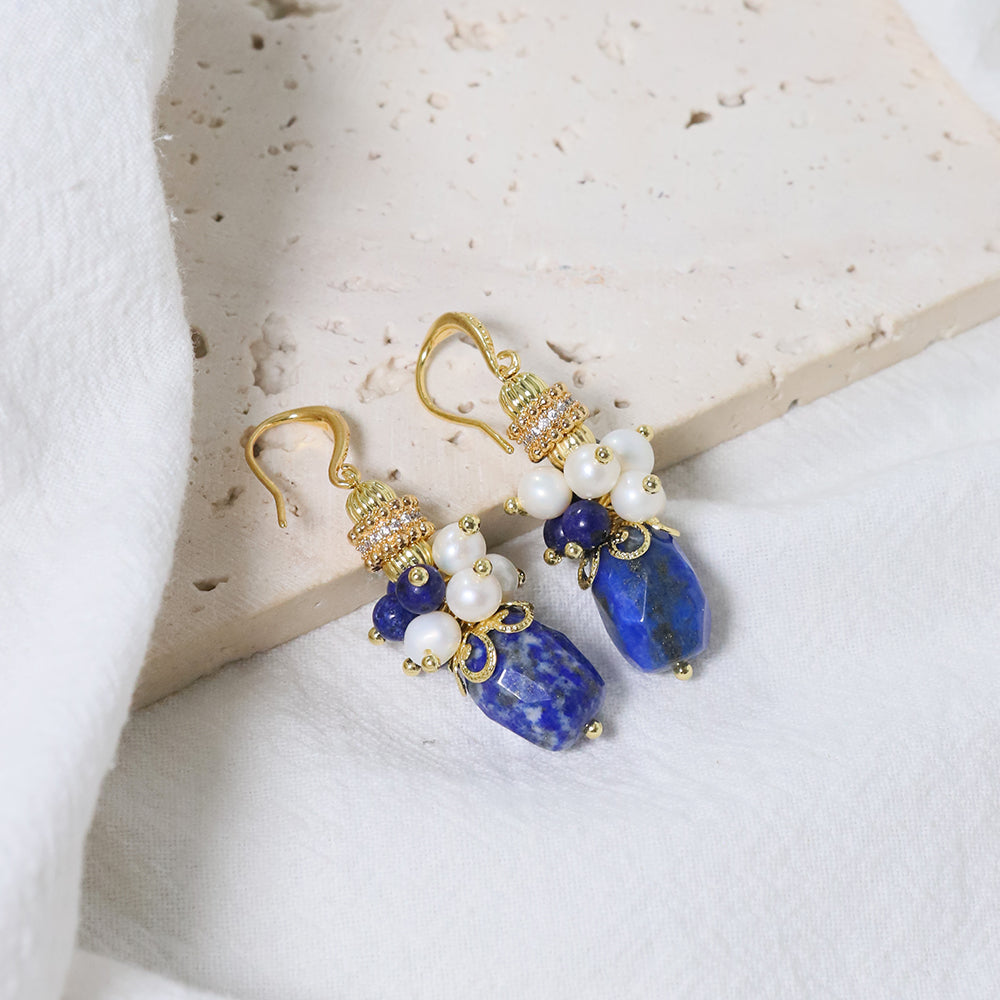 Natural Freshwater Pearl Lapis Lazuli Flower Earrings Korean Style Women Luxury Jewelry Fashion Ladies and Girls Gift