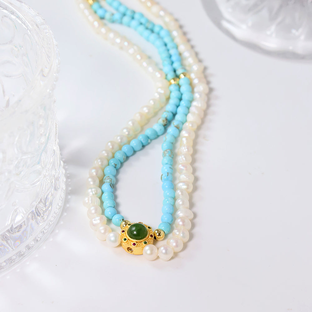 Natural Freshwater Pearl Turquoise Double-layer Necklace Korean Women's Luxury Jewelry Fashion Women's and Girls' Gifts