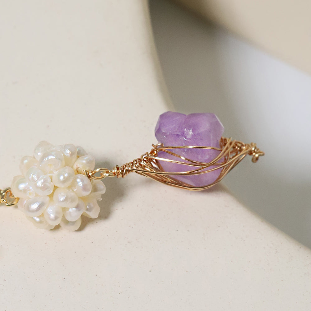 Natural Freshwater Pearl Flower Ball Amethyst Earrings Korean Style Women Luxury Jewelry Fashion Ladies and Girls Gift