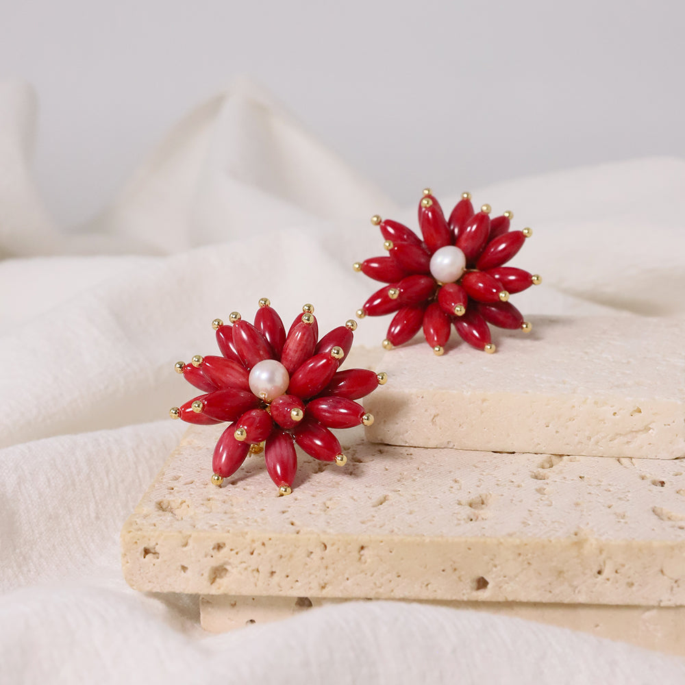 Natural Red Coral Stone Flower Freshwater Pearl Earrings Korean Style Women Luxury Jewelry Fashion Ladies and Girls Gift