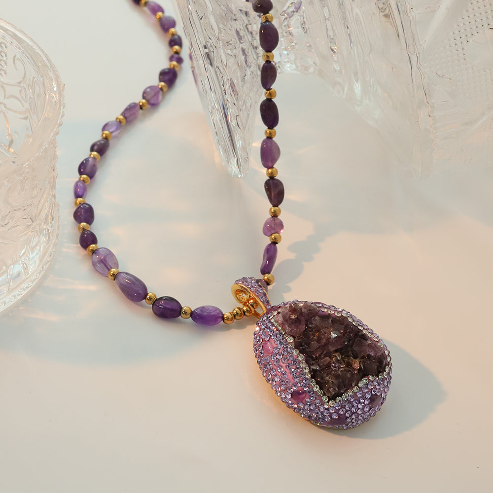 Natural Amethyst Zircon Inlaid Pendant Necklace Korean Style Women Luxury Jewelry Fashion Ladies and Girls Gift