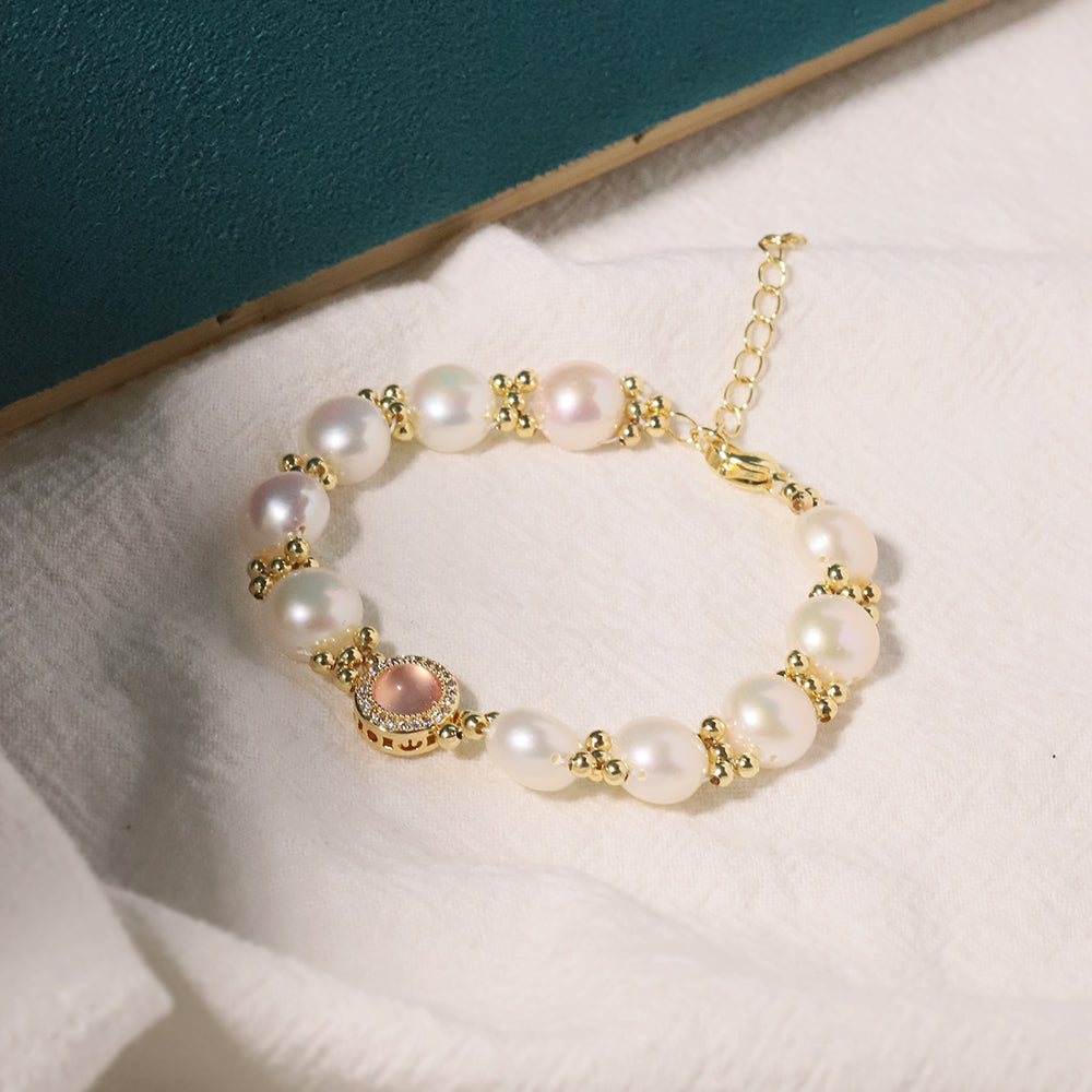 Natural Freshwater Pearl Pink Cat Eye Stone Bracelet Korean Style Women Luxury Jewelry Fashion Ladies and Girls Gift