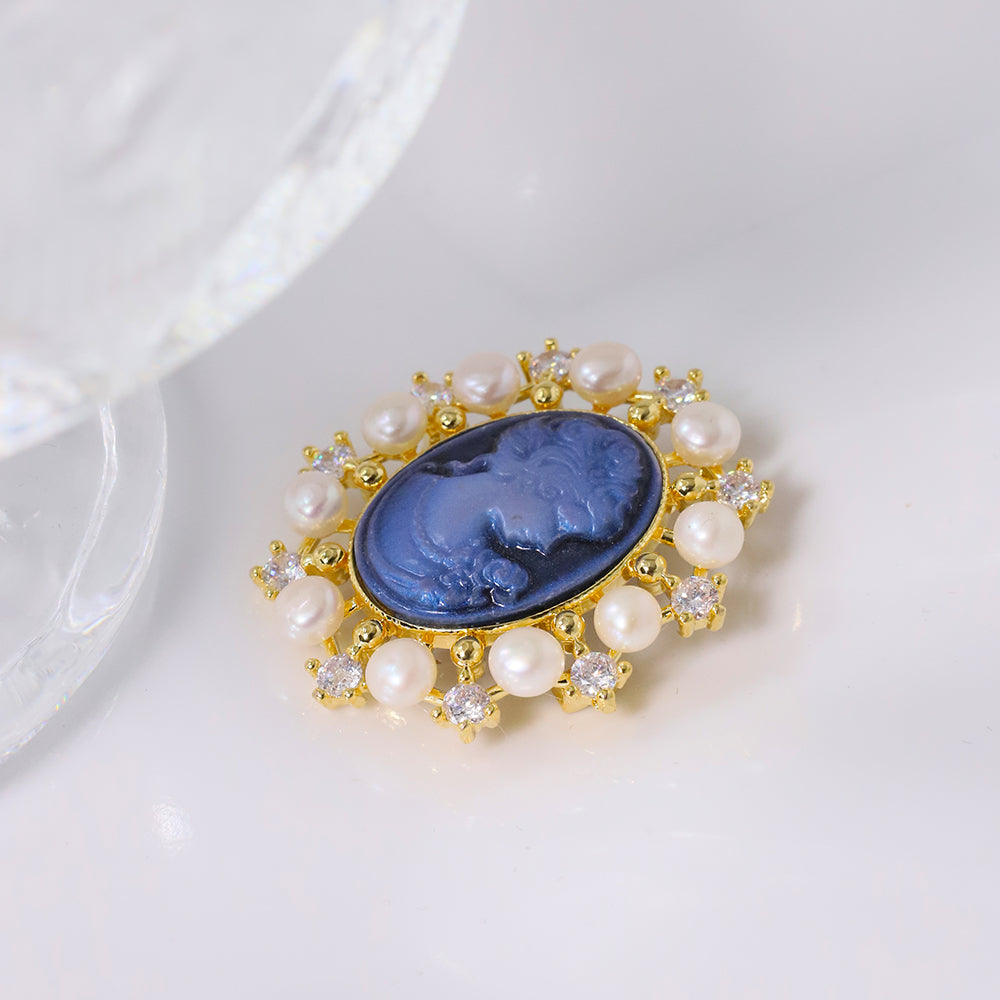 Natural Pearls Cameo Blue Carved Inlaid Zircon Brooches Women Fashion Jewelry Brooches Pearl Brooch Madam Gift