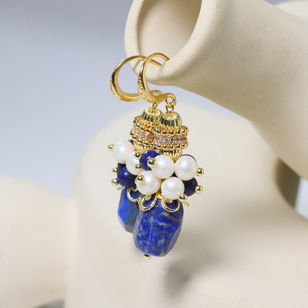 Natural Freshwater Pearl Lapis Lazuli Flower Earrings Korean Style Women Luxury Jewelry Fashion Ladies and Girls Gift