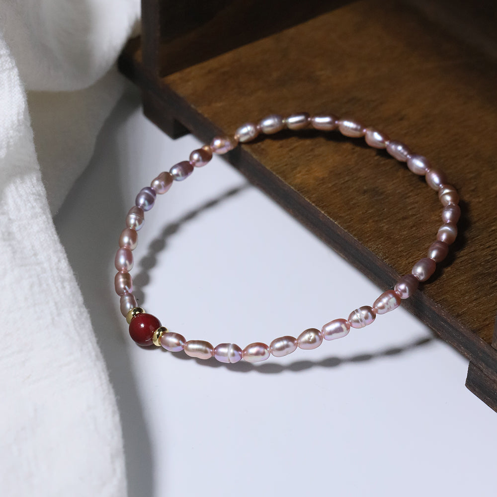 Natural Freshwater Pearl Rice Bead Cinnabar Bracelet Korean Style Women Luxury Jewelry Fashion Ladies and Girls Gift