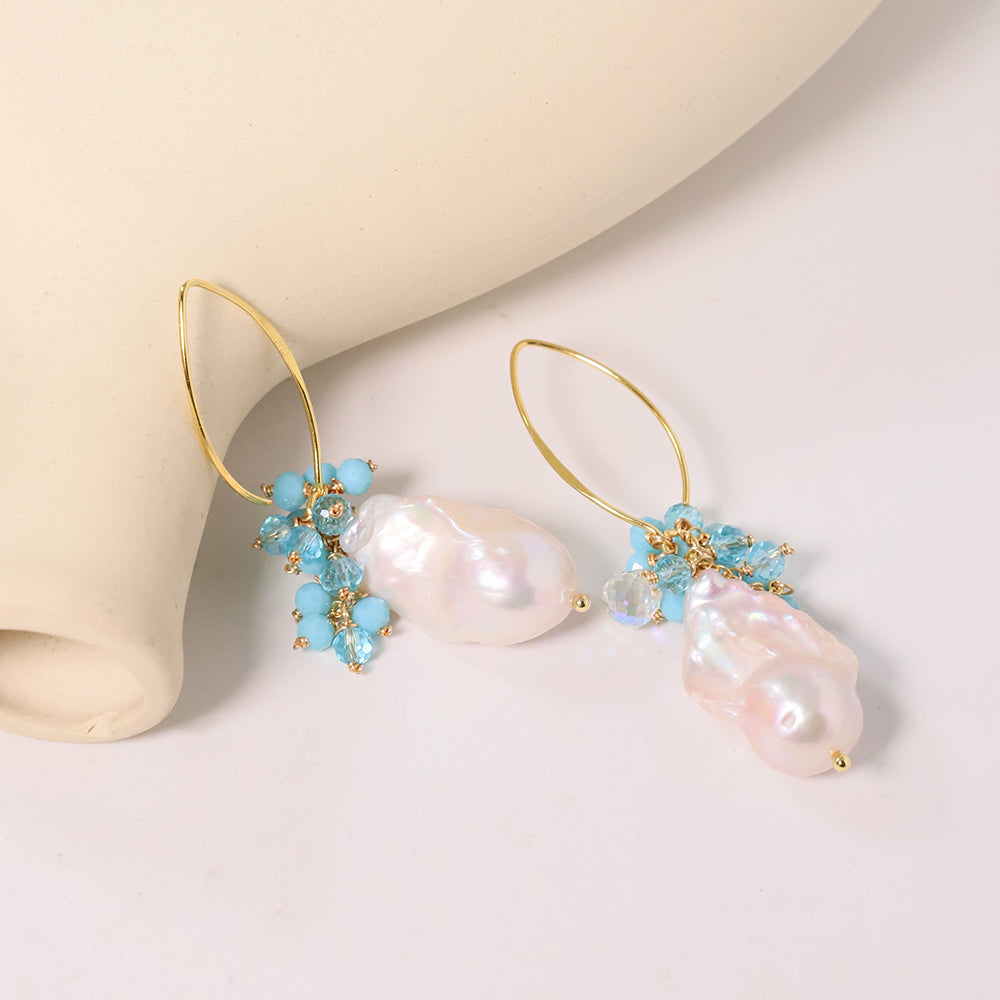 Natural Freshwater Baroque Pearl Blue Flower Earrings Korean Style Women Luxury Jewelry Fashion Ladies and Girls Gift