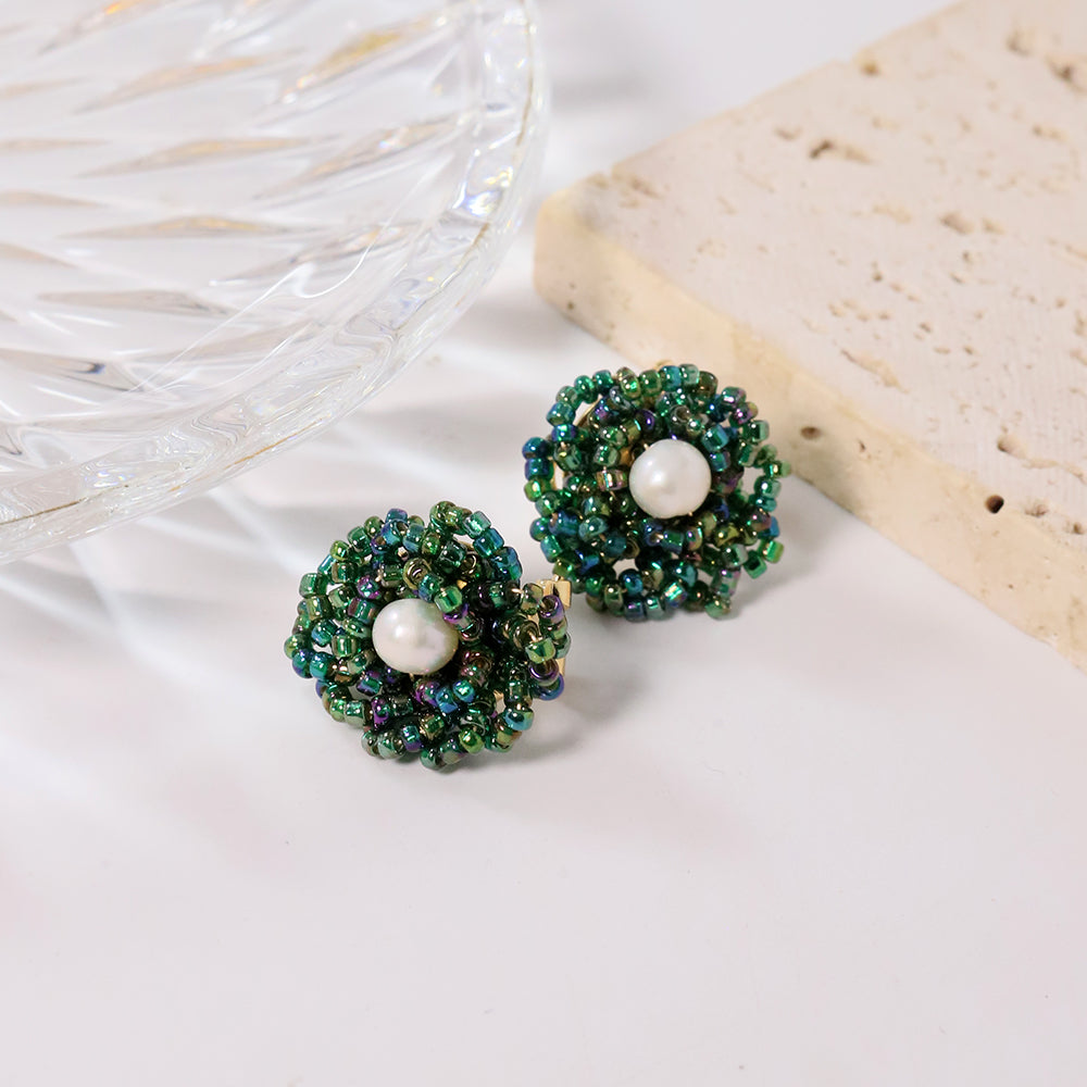 Natural Freshwater Pearl Green glass Earrings Earring for Woman Korean Fashion Style Vintage Personality Lady Jewelry