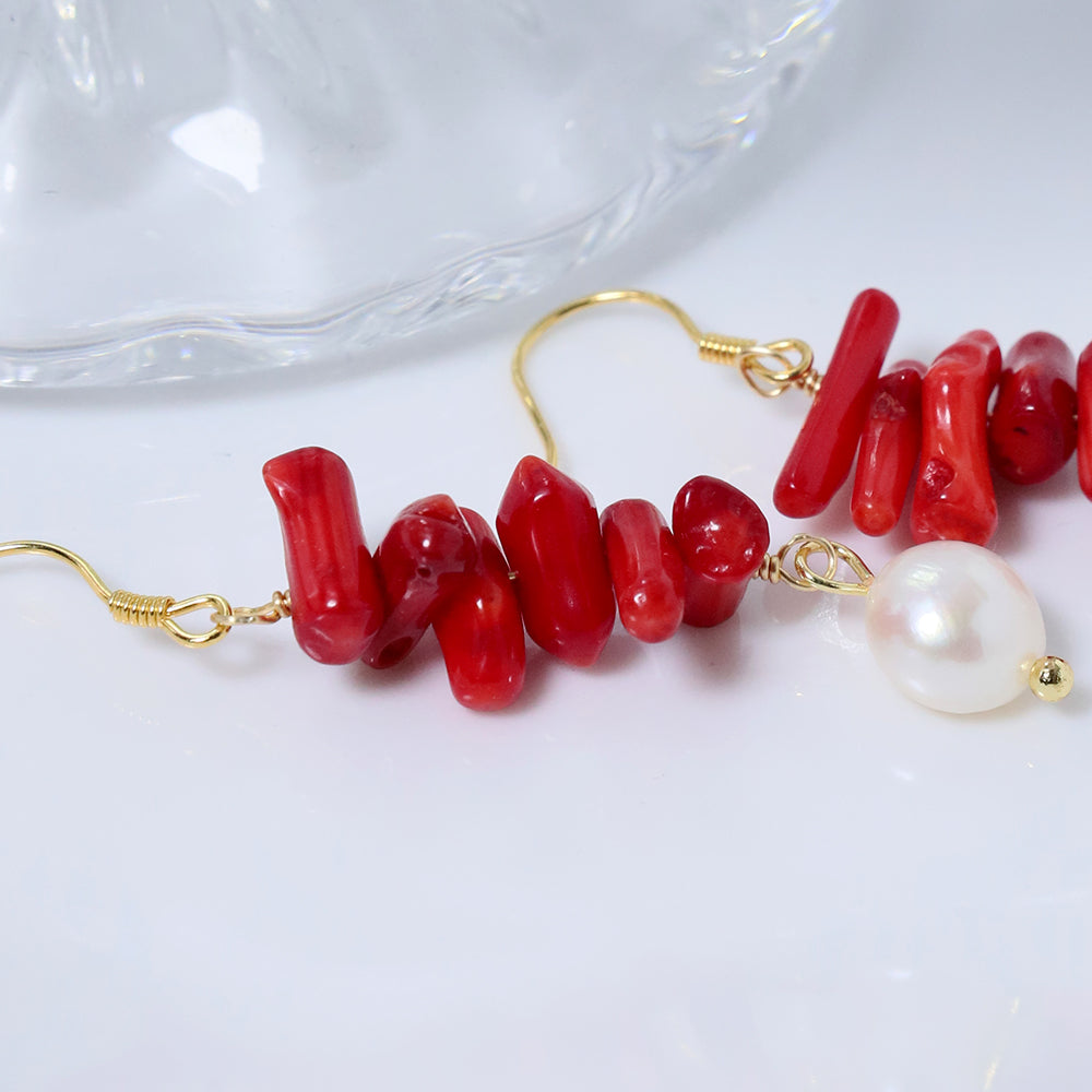 Natural Freshwater Pearl Long Red Coral Earring Korean Style Women Luxury Jewelry Fashion Ladies and Girls Gift