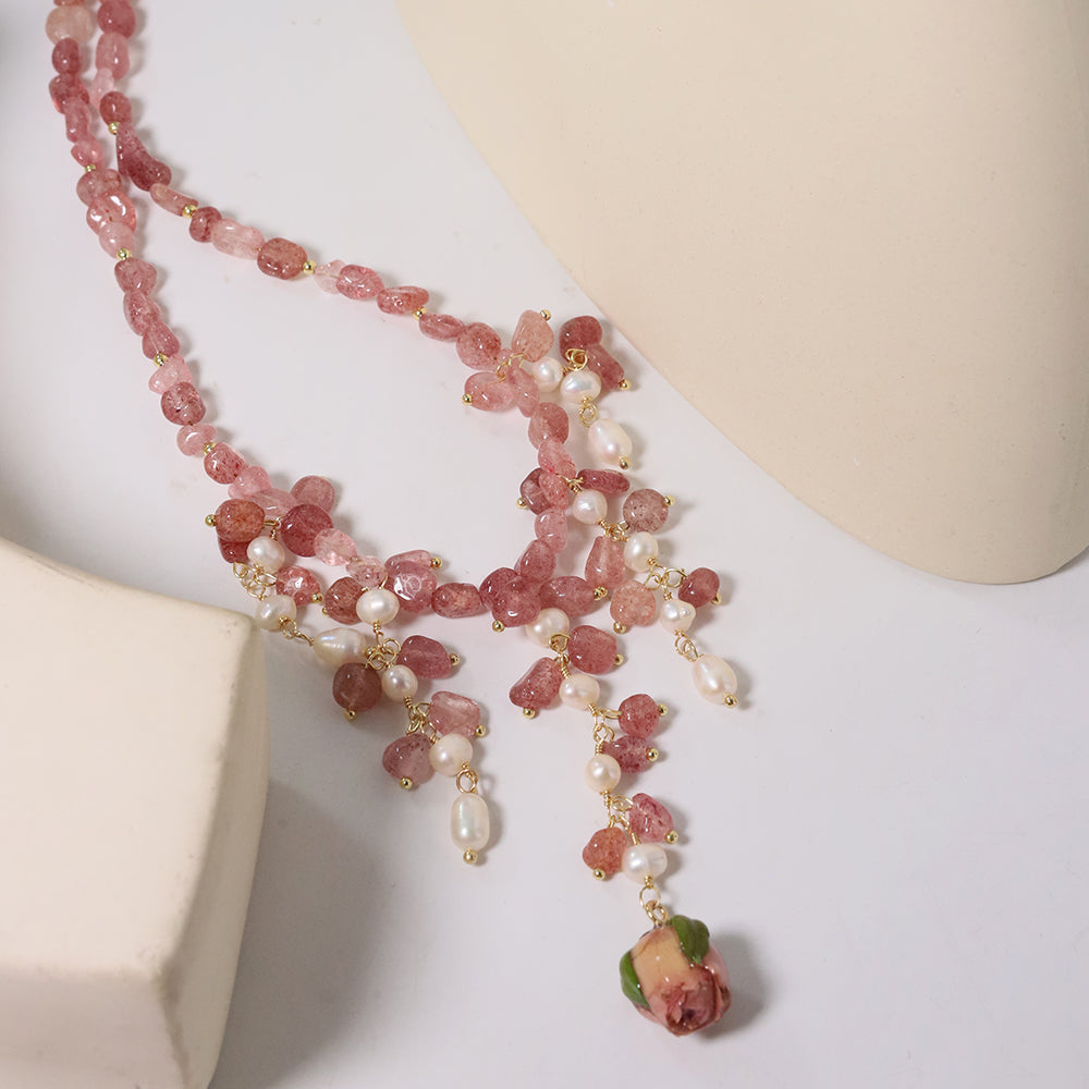 Natural Drip Glue Flower Berry Crystal Pearl Necklace Korean Women's Luxury Jewelry Fashion Women's and Girls' Gifts