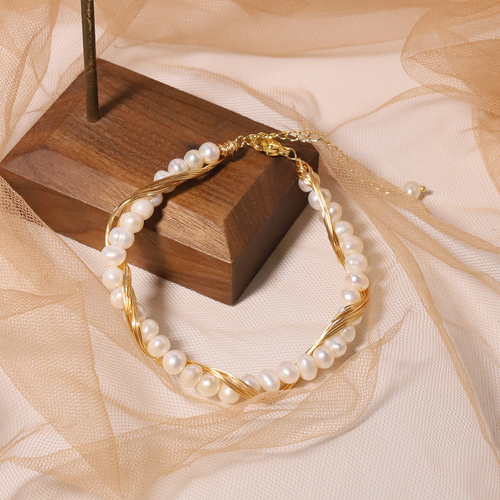 Natural Freshwater Pearl Gold Wire Wound Bracelet Korean Style Women Luxury Jewelry Fashion Ladies and Girls Gift