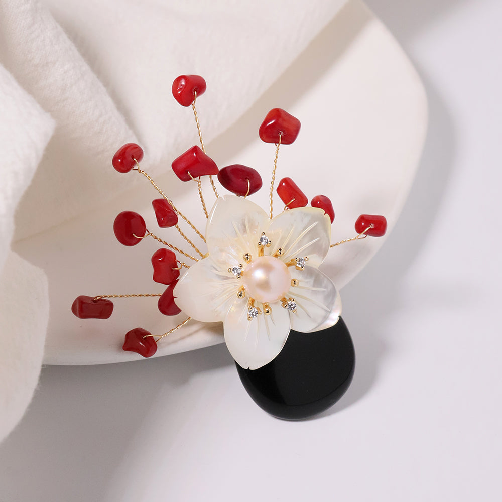Natural Pearl Black Agate Shell Flower Coral Brooch Korean Women's Luxury Jewelry Fashion Women's and Girls' Gifts