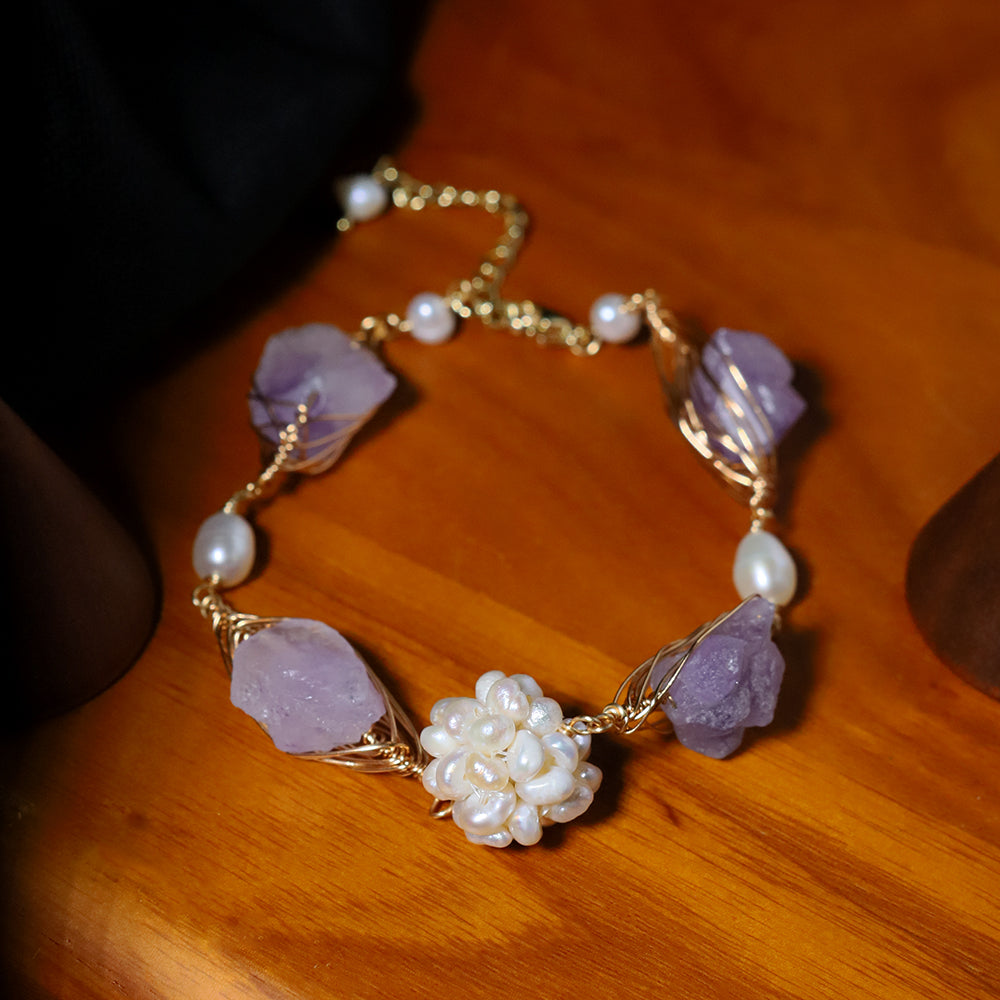 Natural Freshwater Pearl Flower Ball Amethyst Bracelet Korean Style Women Luxury Jewelry Fashion Ladies and Girls Gift