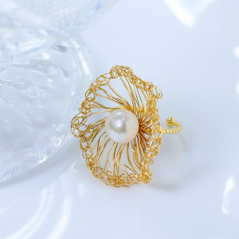 Natural Freshwater Pearl Gold Wire Wound Leaf Ring Korean Women's Luxury Jewelry Fashion Women's and Girls' Gifts