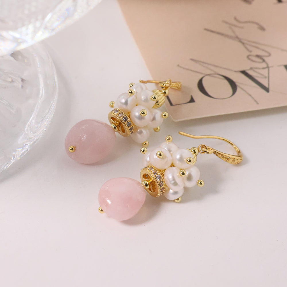 Natural Freshwater Pearl Powder Crystal Earrings for Woman Korean Fashion Style Vintage Personality Lady Jewelry