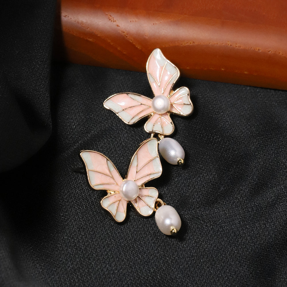 Natural Freshwater Pearl Pink Butterfly Pendant Earrings Korean Style Women Luxury Jewelry Fashion Ladies and Girls Gift