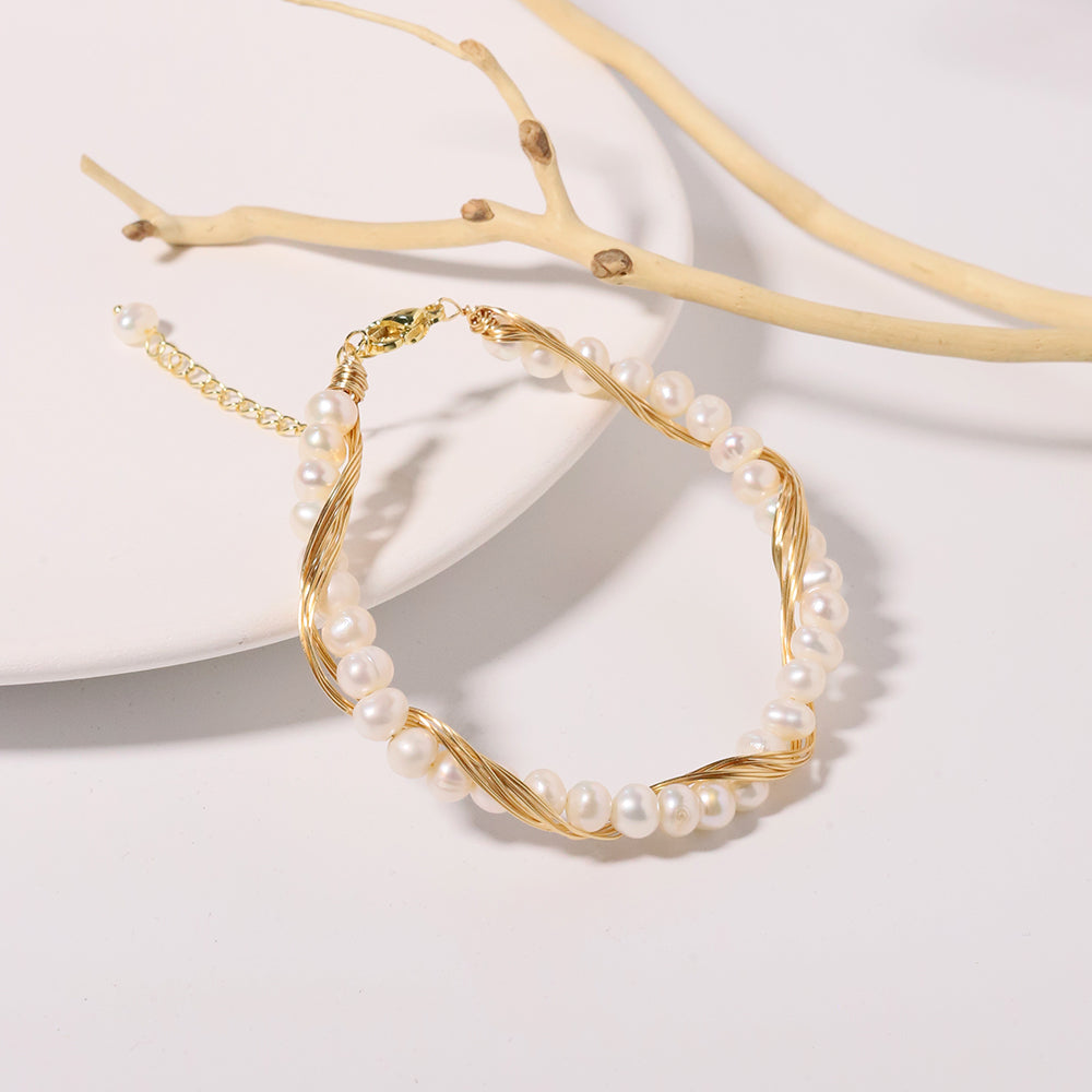 Natural Freshwater Pearl Gold Wire Wound Bracelet Korean Style Women Luxury Jewelry Fashion Ladies and Girls Gift