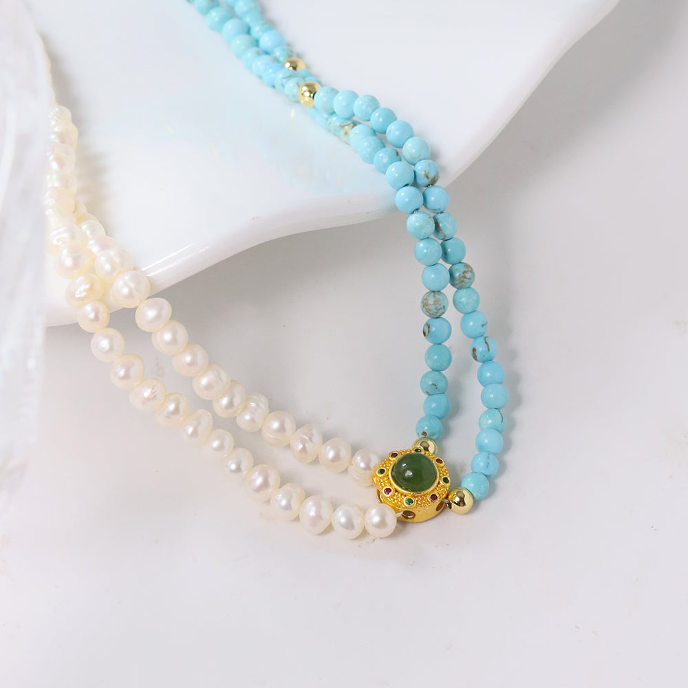 Natural Freshwater Pearl Turquoise Double-layer Necklace Korean Women's Luxury Jewelry Fashion Women's and Girls' Gifts