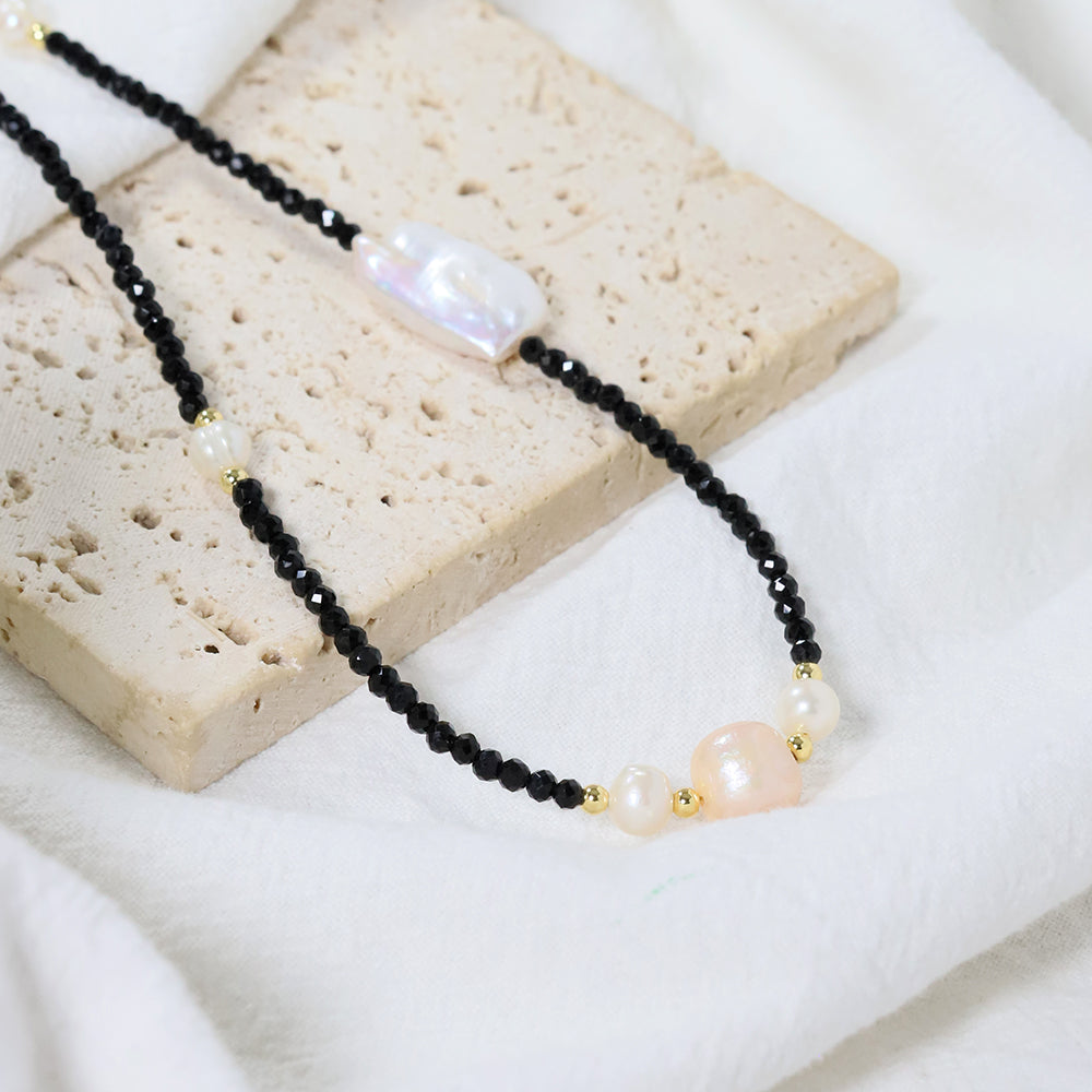 Natural Freshwater Pearl Obsidian Bead Necklace Korean Women's Luxury Jewelry Fashion Women's and Girls' Gifts