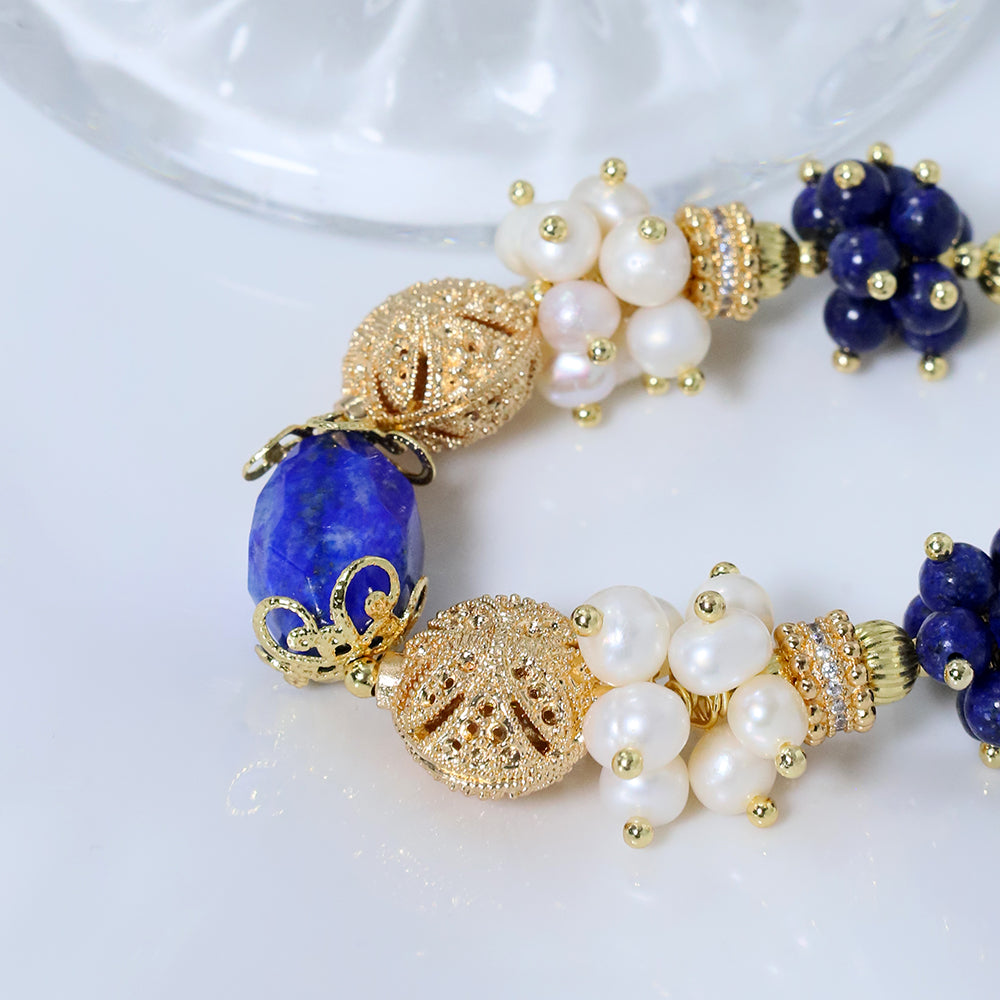 Natural Freshwater Pearl Lapis Lazuli Flower Bracelet Korean Women's Luxury Jewelry Fashion Women's and Girls' Gifts