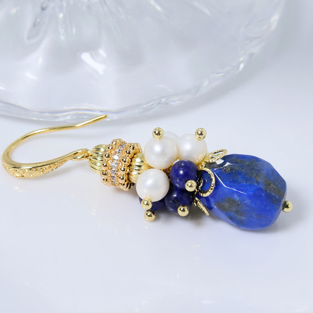 Natural Freshwater Pearl Lapis Lazuli Flower Earrings Korean Style Women Luxury Jewelry Fashion Ladies and Girls Gift