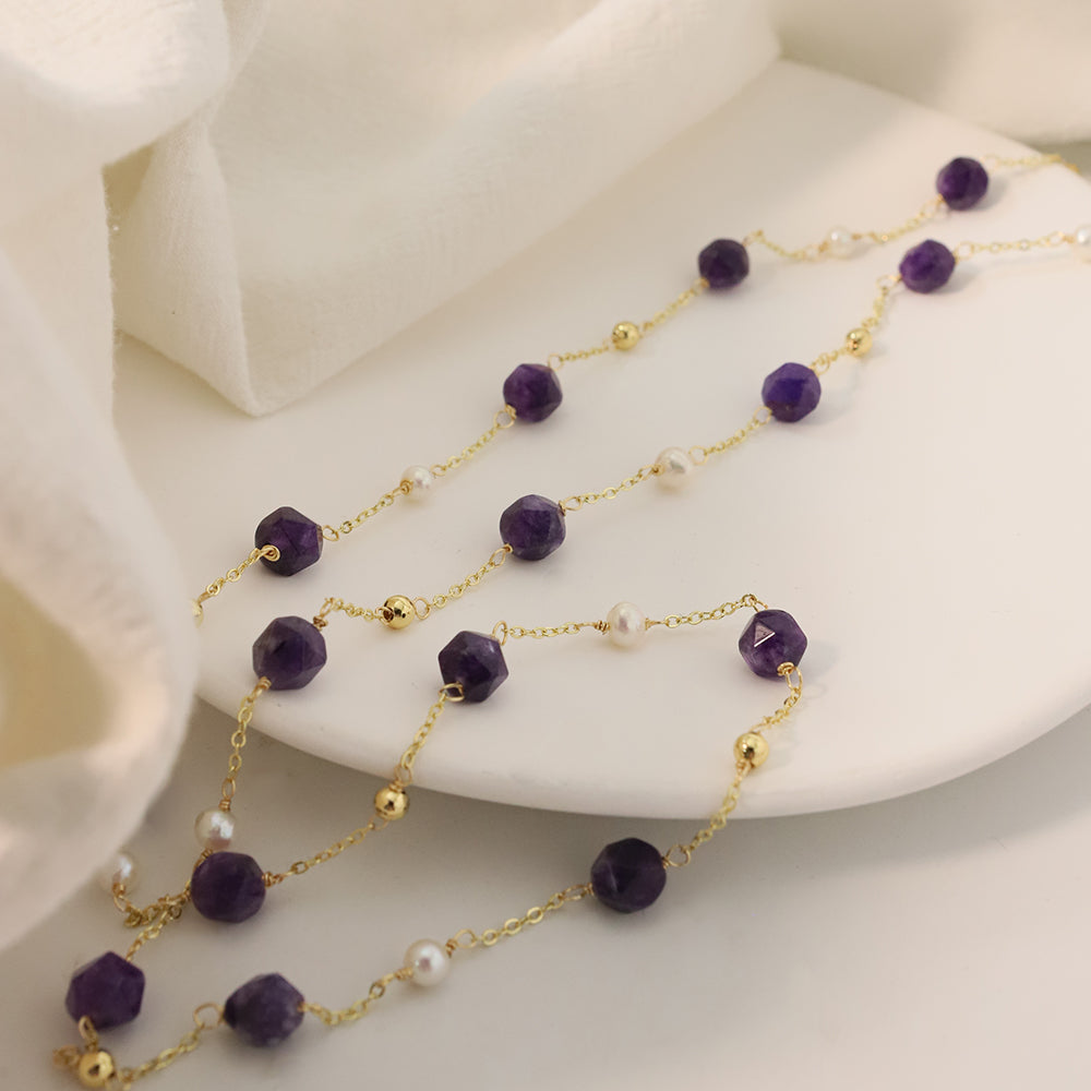 Natural Freshwater Pearl Amethyst Bead Sweater Chain Korean Style Women Luxury Jewelry Fashion Ladies and Girls Gift