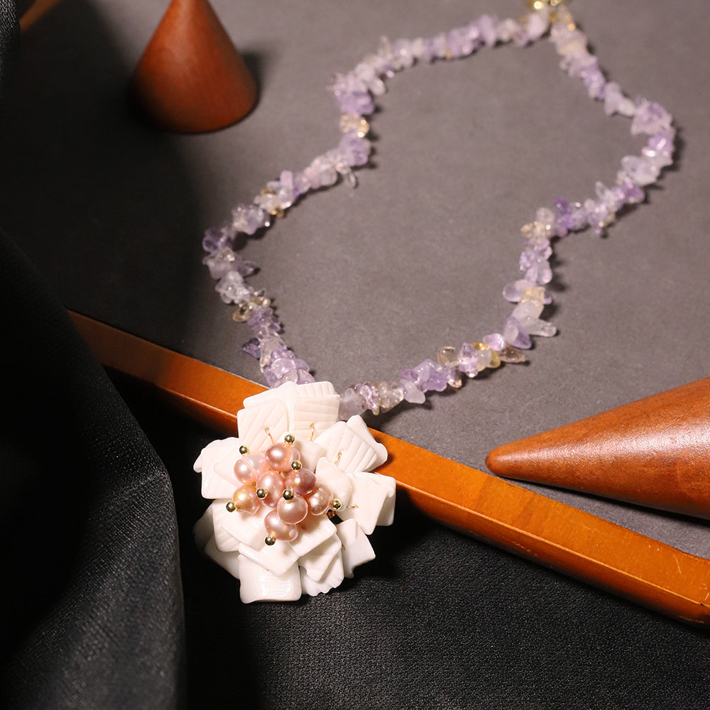 Natural Amethyst Flower Pearl Necklace Korean Style Women Luxury Jewelry Fashion Ladies and Girls Gift