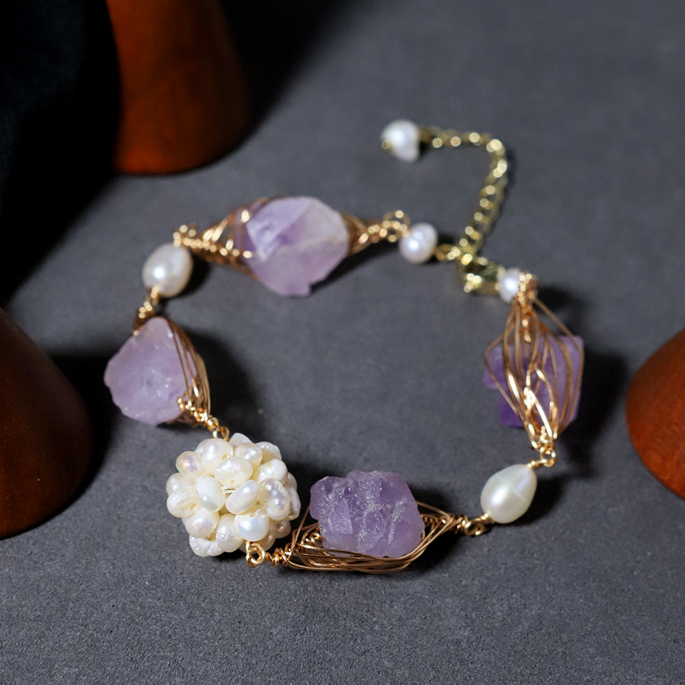 Natural Freshwater Pearl Flower Ball Amethyst Bracelet Korean Style Women Luxury Jewelry Fashion Ladies and Girls Gift