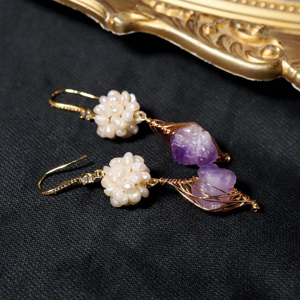 Natural Freshwater Pearl Flower Ball Amethyst Earrings Korean Style Women Luxury Jewelry Fashion Ladies and Girls Gift