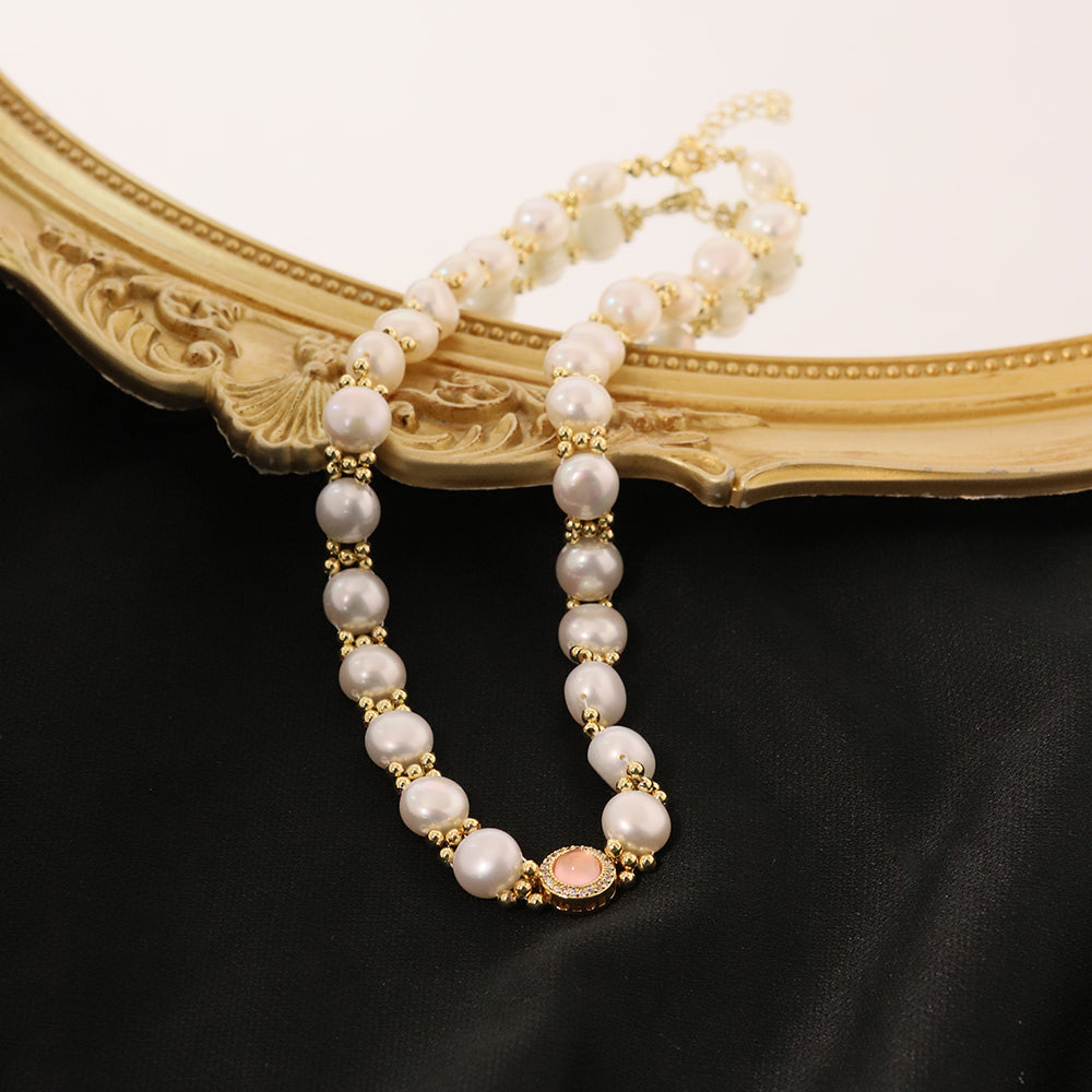 Natural Freshwater Pink Cat Eye Stone Bread Pearl Necklace Korean Style Women Luxury Jewelry Fashion Ladies and Girls Gift