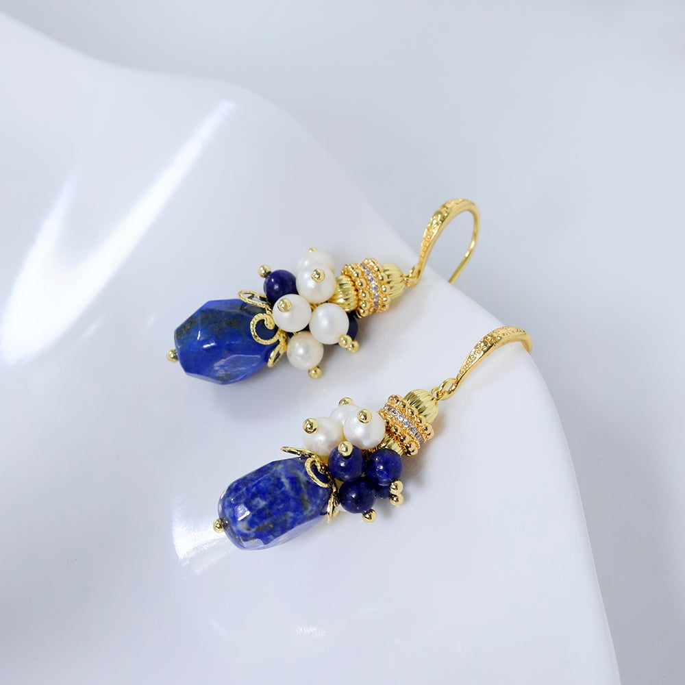 Natural Freshwater Pearl Lapis Lazuli Flower Earrings Korean Style Women Luxury Jewelry Fashion Ladies and Girls Gift